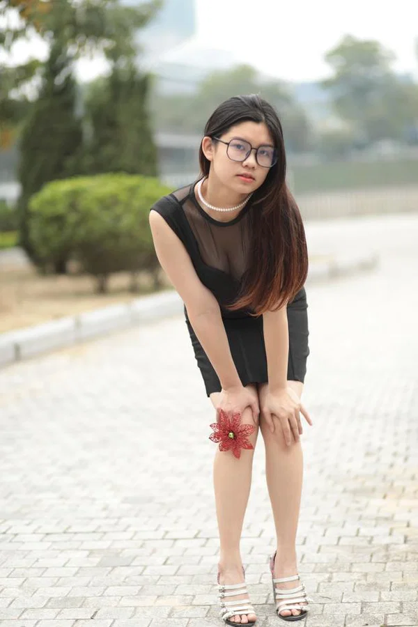 Smoking hot Asian babe Natalia posing in her tight black dress outside  - Asian, Glasses, Skirt, Clothed, Outdoor, Amateur, Babe, Beautiful, Solo, Brunette  - Photo 4