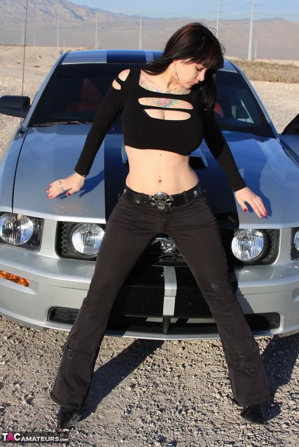 Brunette amateur Susy Rocks models by a muscle car during a safe for work gig  - Outdoor, Tall, Ass, Amateur, PAWG, Beautiful, Solo, Brunette, Non Nude  - Photo 20