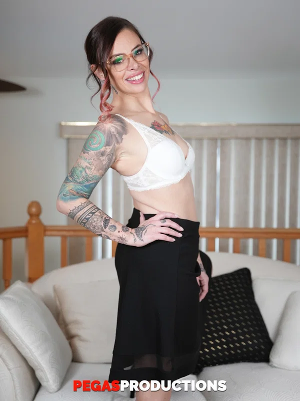 Sexy teacher with glasses Lili Cocksinhell strips & shows her hot inked body  - Selfie, Teacher, Glasses, Tattoo, Stockings, Skirt, Clothed, Lingerie, High Heels, Undressing  - Photo 16