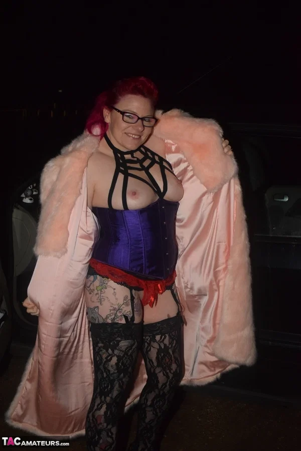 British redhead Mollie Foxxx models in glasses during a solo performance  - Stockings, Amateur, MILF, Glasses, Redhead, Lingerie, Outdoor, High Heels, Tattoo, Ass  - Photo 5