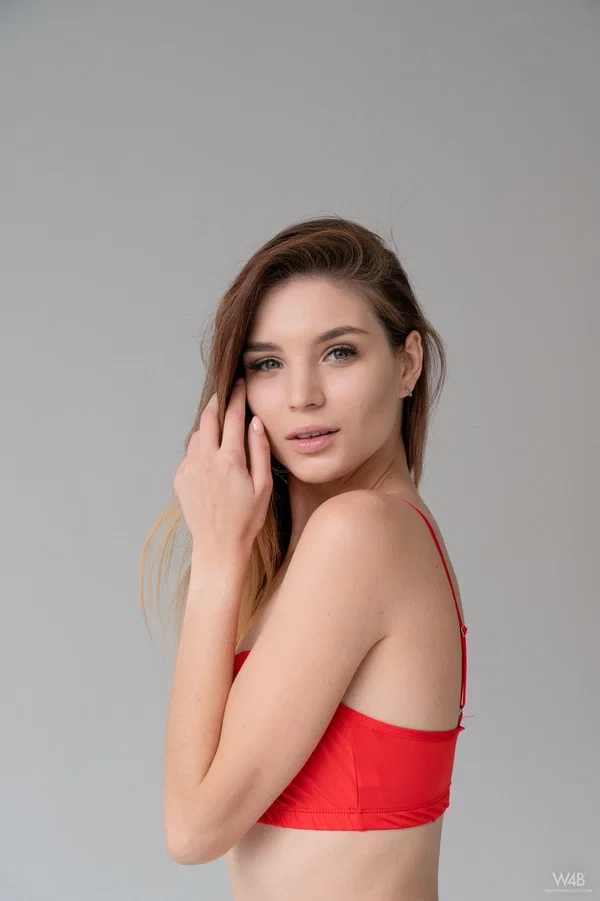 Teen beauty Emilia Hops losing her red lingerie and posing naked  - Casting, Undressing, Beautiful, Teen, Tiny Tits, Skinny, Perfect, Model, Brunette, Shaved  - Photo 1