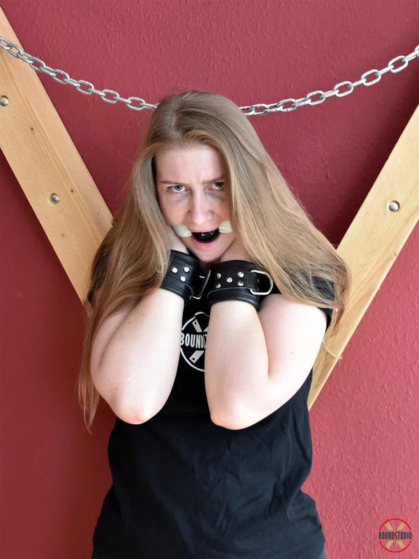 Experimental Yuly dons gags before being attached to a St Andrew's Cross  - BDSM, Bondage, Clothed, Non Nude  - Photo 3
