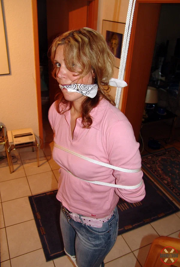 Clothed girl Blonde Lea is cleave gagged while bound with rope  - Bondage, Jeans, Clothed, Non Nude, BDSM, Redhead, High Heels  - Photo 15