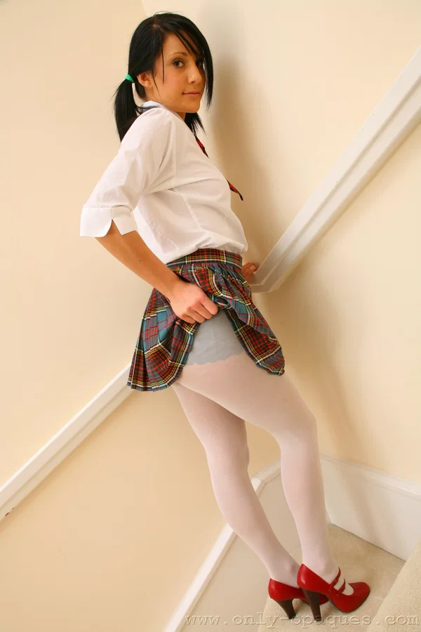 Hot schoolgirl Chloe Toy posing topless on the stairs in white pantyhose  - Secretary, Uniform, Petite, Pantyhose, Schoolgirl, Skirt, Teen, Non Nude, Cute, Undressing  - Photo 8