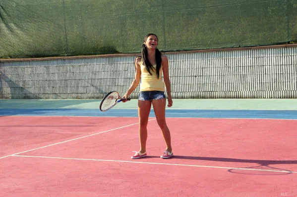 Lesbian tennis players use sex toys while having sex on a bench  - Sports, Gyno, Shaved, Shorts, Amateur, Lesbian, Dildo, Outdoor, Undressing, Clothed  - Photo 1