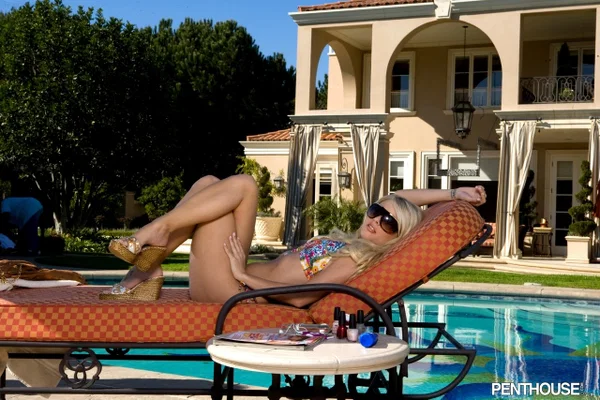 Cute blonde Jana Jordan strips off her bikini top on a sunbed by the pool  - Centerfold, Pool, MILF, Bikini, Piercing, Teen, Beautiful, Glasses, Outdoor, Panties  - Photo 1
