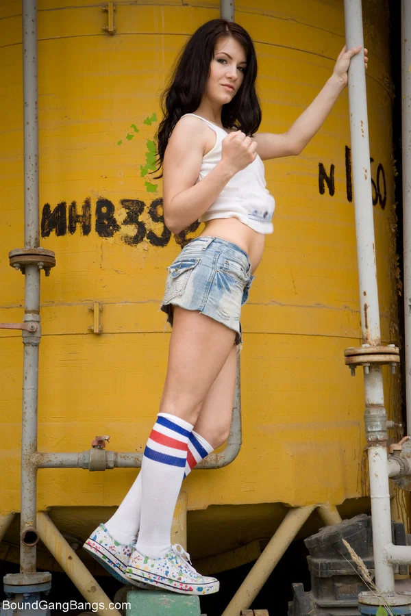 Tiny Russian girl Lina seductively poses outdoors near big yellow tank  - Bath, Spreading, Pussy, Non Nude  - Photo 3