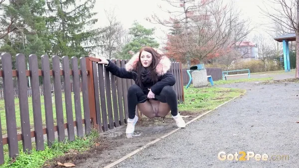 Caucasian girl Katy Sky ducks behind a picket fence for a badly needed pee  - Public, Jeans, Pissing, Hairy, Outdoor, Pussy, Czech, PAWG, Ass, Babe  - Photo 9