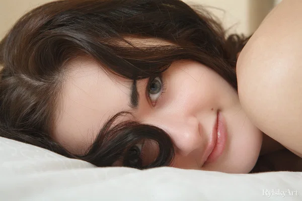 Beautiful teen Beatrice models completely naked while on her bed  - Brunette, Cute, Shaved, Close Up, Teen, Nipples, Face, Glamour, Legs, Model  - Photo 3