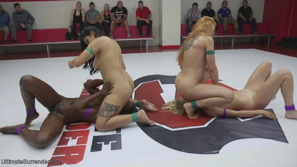 Naked women use strapon cocks during lesbian group sex on a wrestling mat  - Sports, Facesitting, Public, Strapon, BDSM, Bondage, Lesbian, Ass, PAWG, Natural Tits  - Photo 14