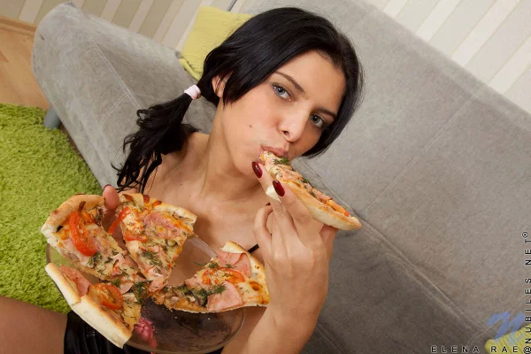 Young brunette Elena Rae eats a pizza before masturbating with a vibrator  - Teen, Ass, Big Tits, Beautiful, Dildo, Spreading, Face, PAWG, Masturbation, Solo  - Photo 2