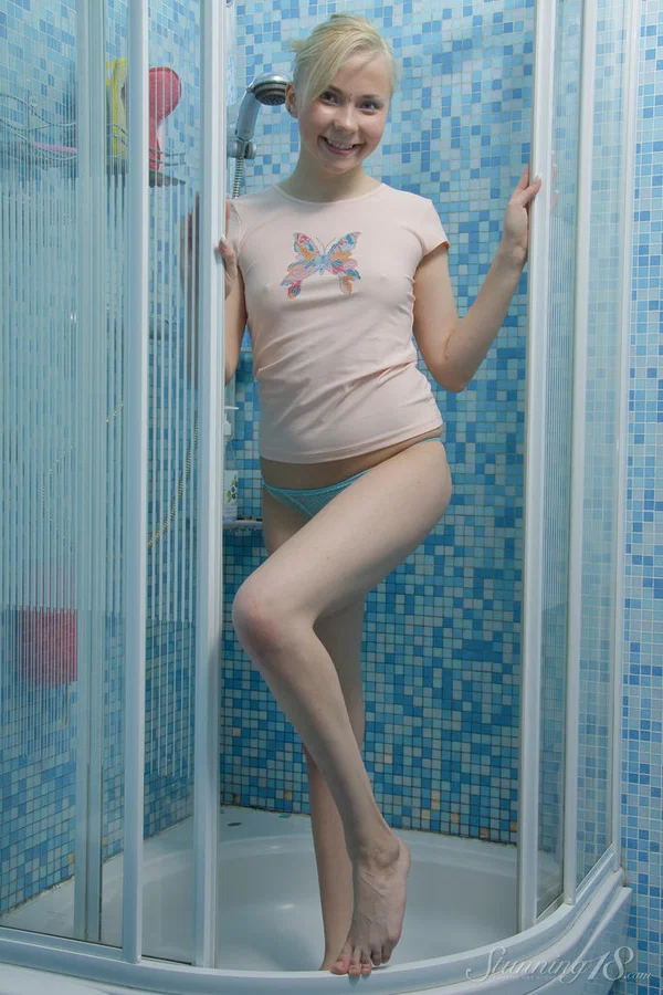 18-year-old blonde Bunny S masturbates with a vibrator in the shower  - Teen, Shower, Ass, PAWG, Panties, Dildo, Tiny Tits, Model, Babe, Beautiful  - Photo 1