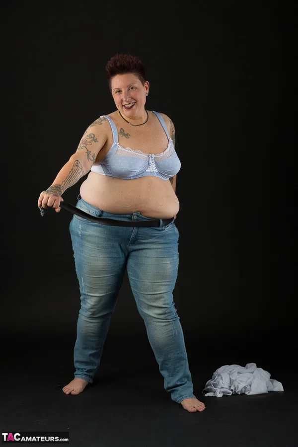 Fat amateur Tattoo Girl cups her boobs after taking off her clothes  - BBW, Mature, Amateur, Tattoo, Lingerie, Jeans, Panties, Brunette, Chubby, Short Hair  - Photo 7
