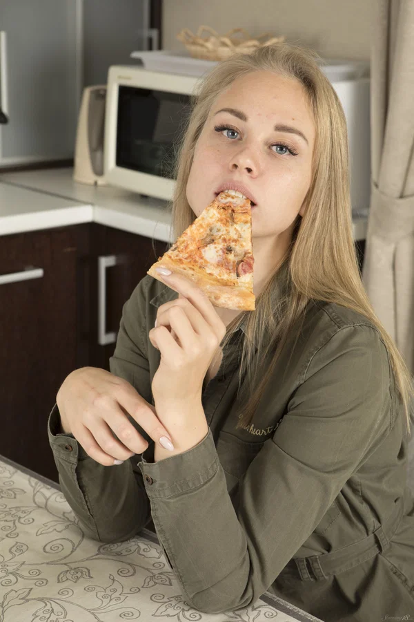 Sweet teen Orika eats a pizza and exposes her wonderful love holes  - Amateur, Blonde, Cute, Beautiful, Russian, Tiny Tits, Petite, Solo, Ass, Clothed  - Photo 2