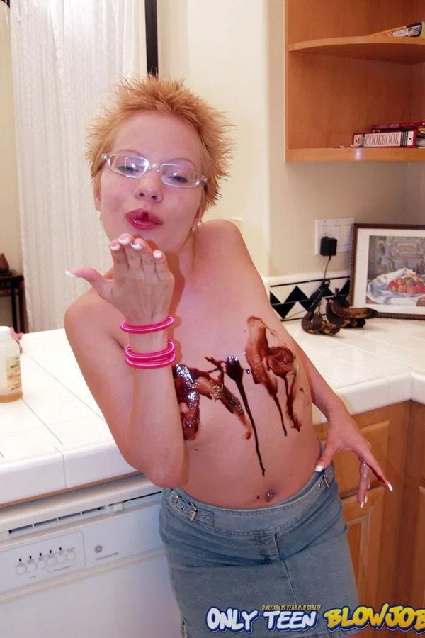 Naughty redhead Emily Davinci goes topless & indulges in a food play solo  - Short Hair, Glasses, Redhead, Beautiful, Skirt, Teen, Clothed, Kitchen, Tiny Tits, Ass  - Photo 21