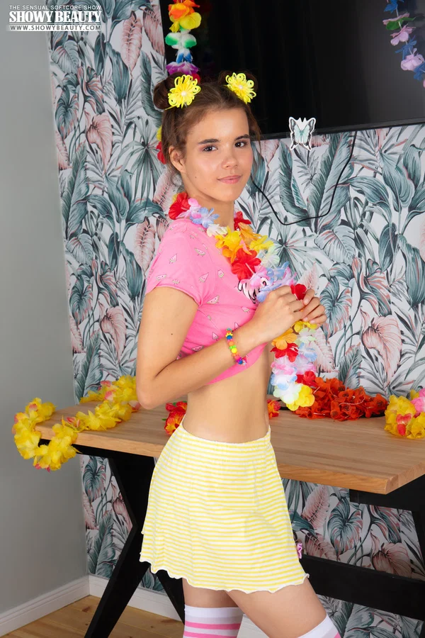 Brunette teen Midia gets naked in over the knee socks and a Hawaiian lei  - Socks, Ass, Shaved, Nipples, Skirt, Clothed, Asshole, Brunette, PAWG, Tiny Tits  - Photo 2