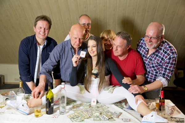Horny senior poker players enjoying group sex with lovely teen Angelina Brill  - Teen, Old Young, Gangbang, Old Man, Brunette, Handjob, Blowjob, Cute, Non Nude  - Photo 5